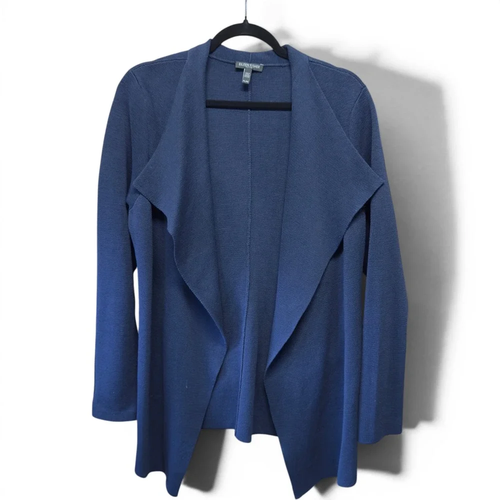 Eileen Fisher Petite Navy Blue Silk Organic Cotton Open Front Cardigan PL